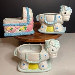 Vintage Ceramic Planters Set Baby/Nursery Theme. Bassinet. Horse. Set of 3.